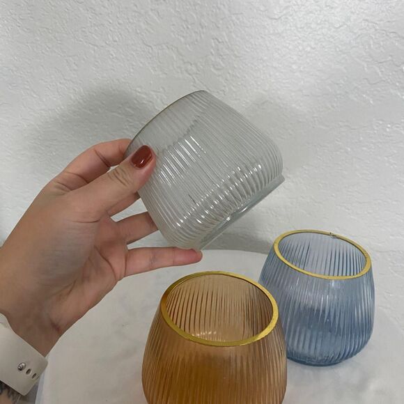 Set of 3 Whimsical Blue Orange Clear Glass Gold Candle Holders - Picture 4 of 5